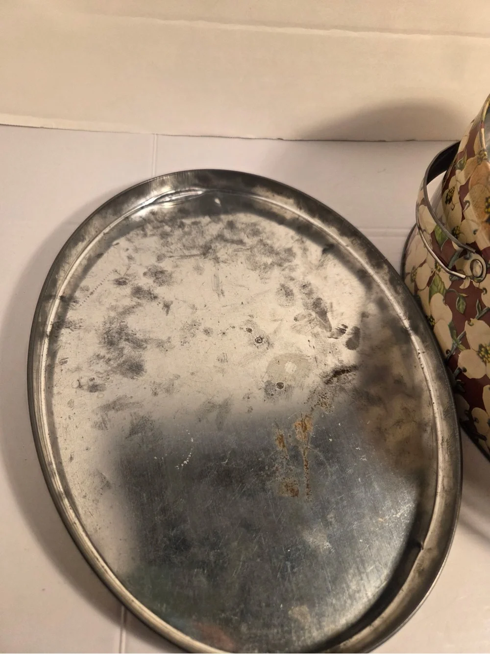 Vintage Dogwood Flower Metal Tin With Handles White Brown Sewing Basket